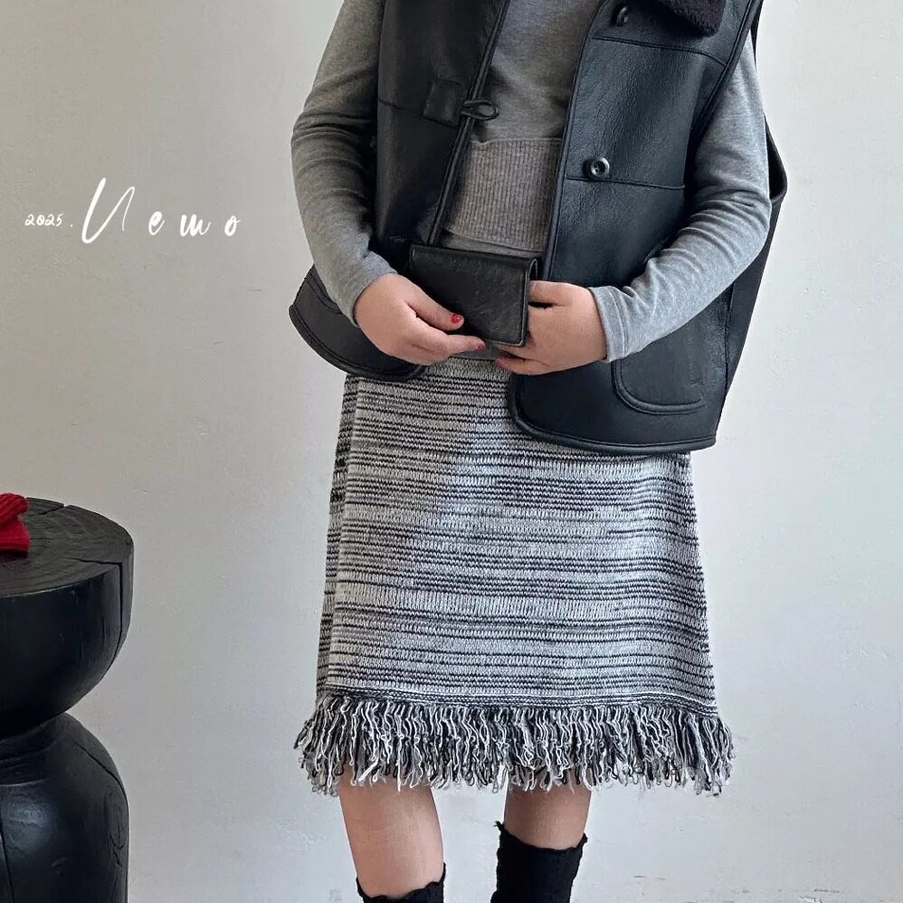 uemo 童装复古条纹针织流苏半身裙女设计感显瘦包臀短裙