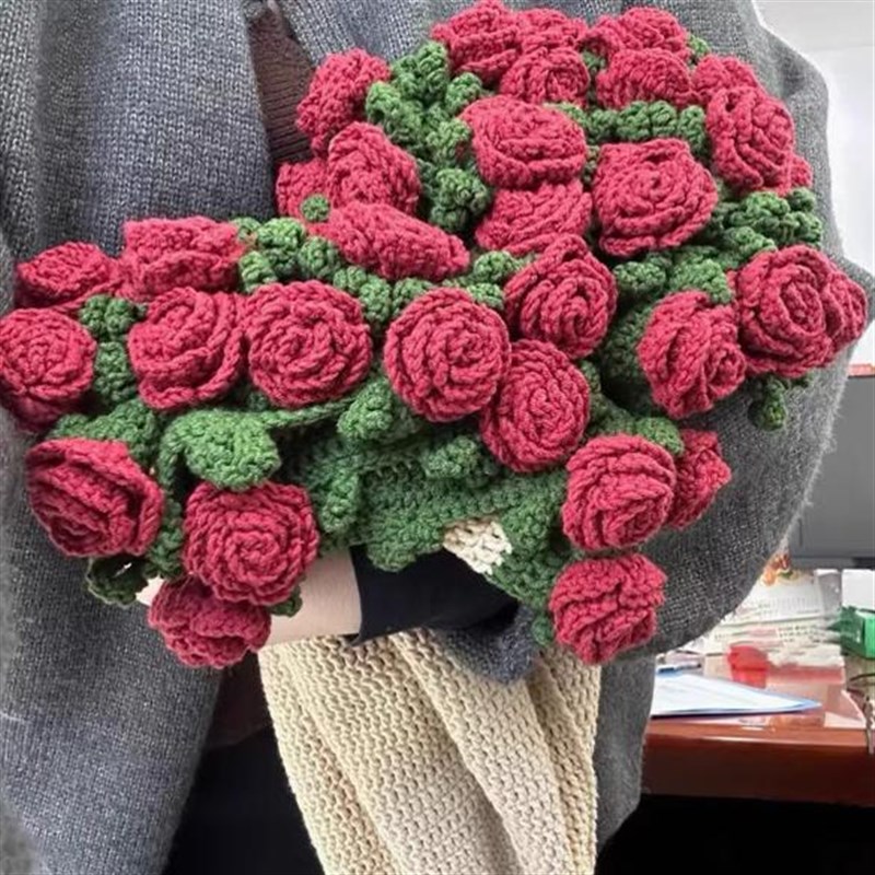 玫瑰花束毯子手工编织diy材料包毛线团钩织花朵毛毯送女朋友礼物
