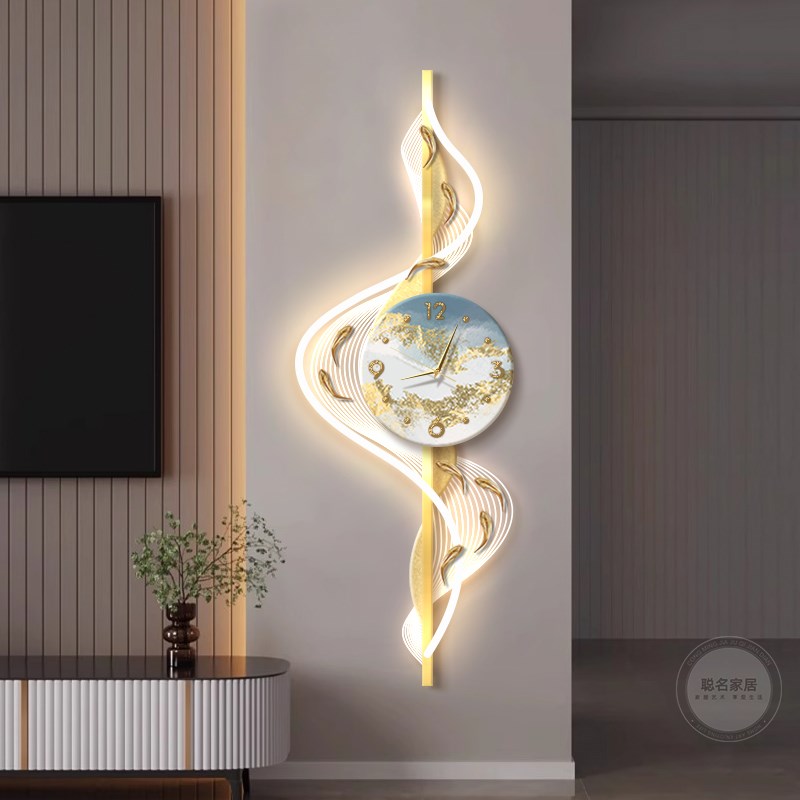 立体九鱼图客厅钟表装饰画格栅轻奢创意壁灯现代轻奢玄关走廊挂钟
