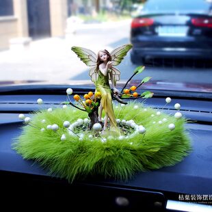 饰高级车载摆件治愈系绿羽毛垫仙子 森系少女精灵女生车内中控台装