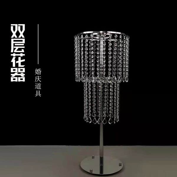 新款婚庆道具铁艺双层花器酒店婚礼餐桌桌花花架摆放T台水晶路引
