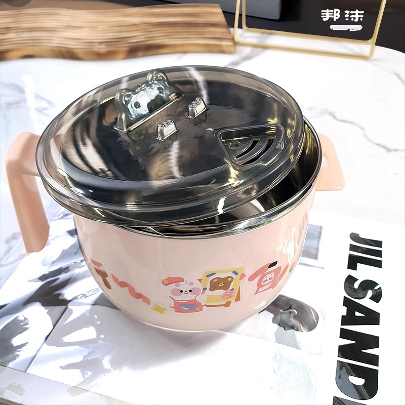 碗学生宿舍餐具h泡面碗带盖饭盒不锈钢饭碗卡通韩式大容量方便面