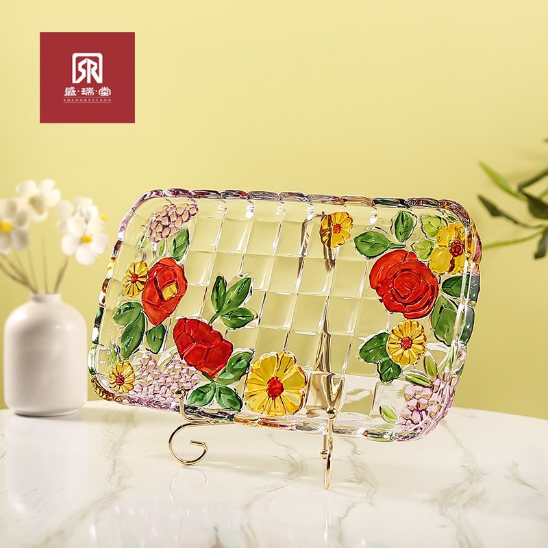 【盛瑞堂】手绘彩色玻璃艺术长方形茶盘玻璃水果盘