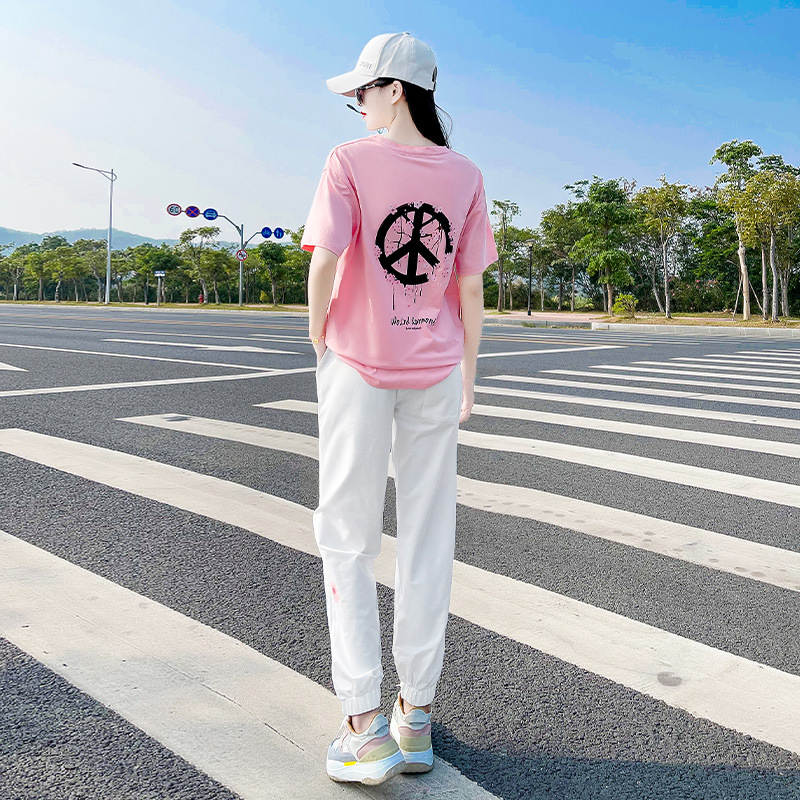 夏季名媛运动服休闲套装女2022新款时尚短袖上衣阔腿裤两件套洋气