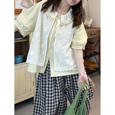 甜美叠穿套装女夏季2025新款娃娃领衬衫蕾丝马甲格子阔腿裤三件套