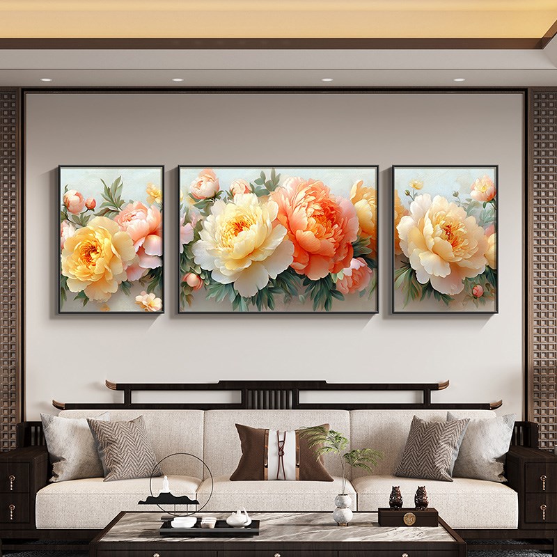 花挂画大气背景墙沙发画开三联画富贵新装饰画客厅中式组合牡丹花图片