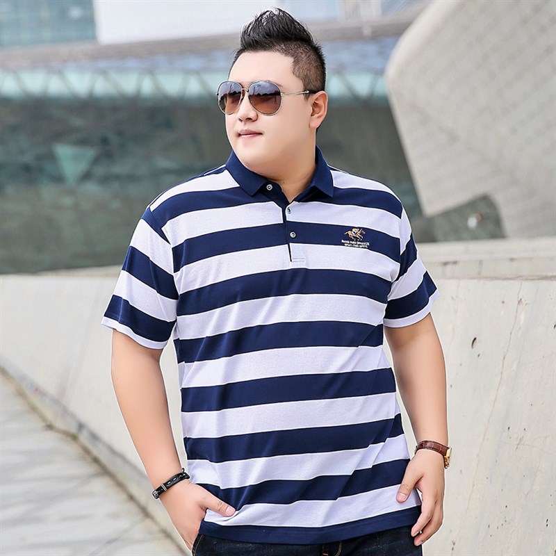胖无忧夏季加肥加大码商务条纹男装短袖胖子翻领特大polo衫潮T恤