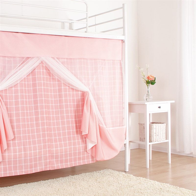 可意大学生宿舍寝室上铺上下铺粉色格子三开门蚊帐遮光床帘一体式