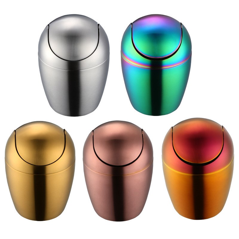 跨境新款304不锈钢垃圾桶小型彩色蛋形摇盖式桌面迷你办公室纸篓