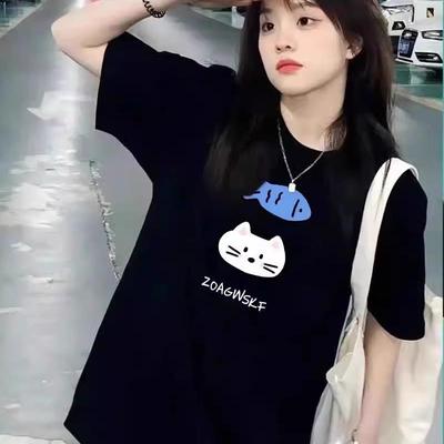 2025新款爆款夏季纯棉短袖t恤女正肩设计感美式黑色宽松半袖上衣