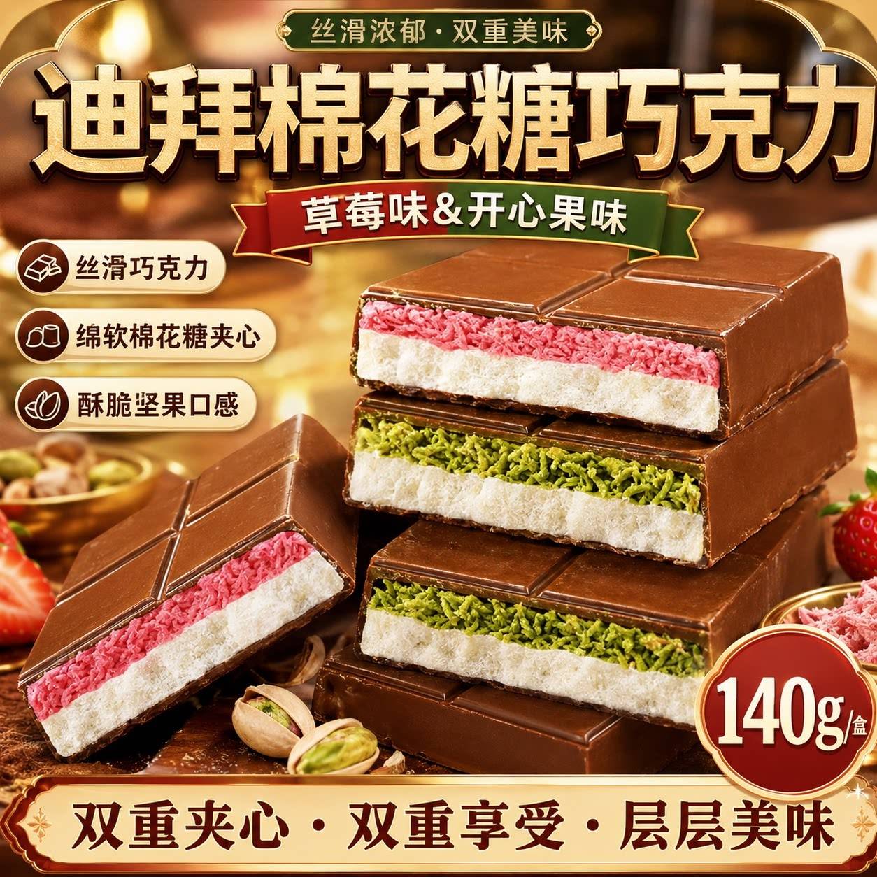 迪拜风味巧克力云朵脆皮棉花糖开心果草莓味夹心零食纯可可脂零食