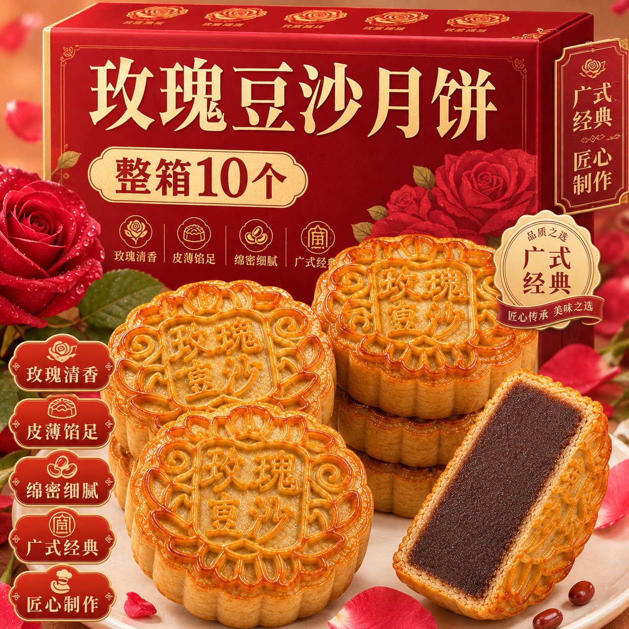 玫瑰豆沙月饼花香绵密上海特产糕点中秋点心手工老式传统散装月饼