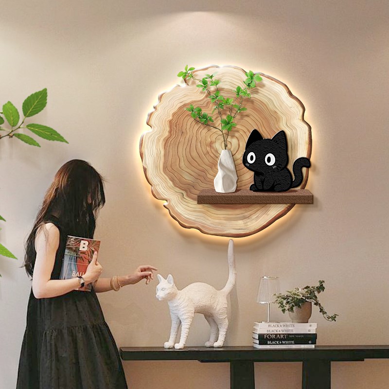 原木风猫咪餐厅装饰画壁灯高级感立体砂岩客厅带灯挂画治愈壁画图片