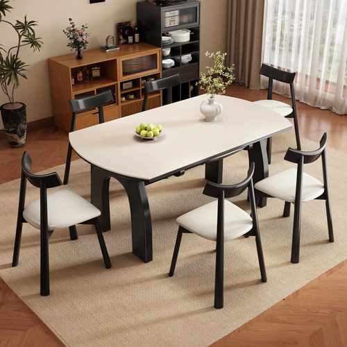 复古中古风实木岩板餐桌椅组合客厅高端家用小户型可变圆吃饭桌子