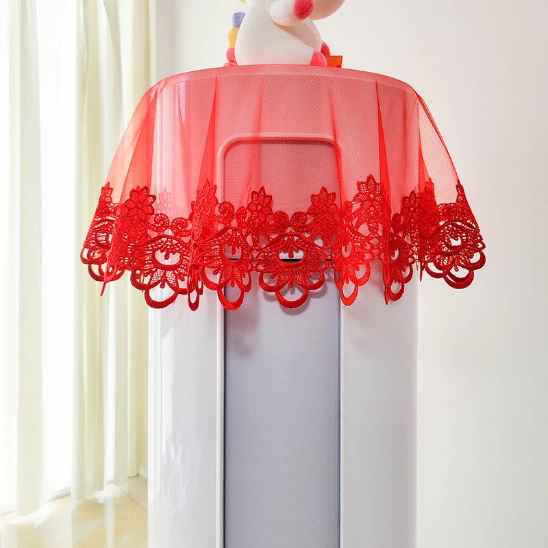 大红色喜庆蕾丝圆柱形立式空调巾结婚庆柜式防尘罩装饰美化盖布