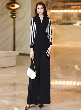 气质女神范黑色连体裤高级感2024新款高端长款套装连衣阔腿裤2251