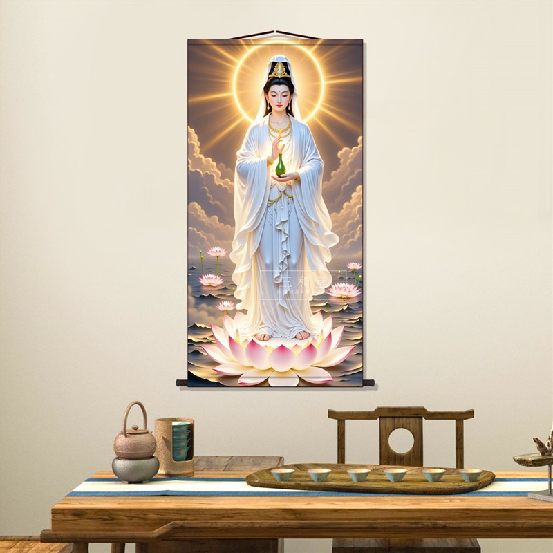 海上观音画像客厅卷轴挂画中式装饰画丝绸布佛家墙壁画国画挂轴