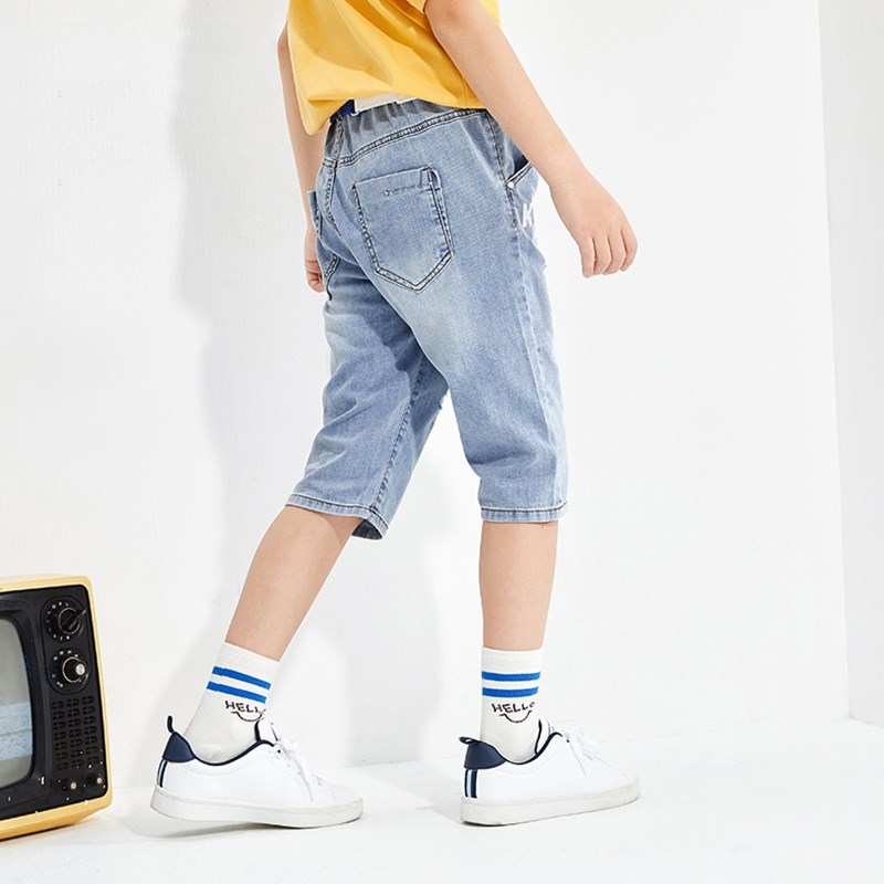 140-180码巴家儿童裤子男童夏季薄款松紧腰简约休闲七分牛仔中裤