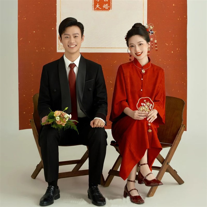 新中式旗袍敬酒服新娘订婚红色结婚气质回门便装礼服裙晨袍套装女