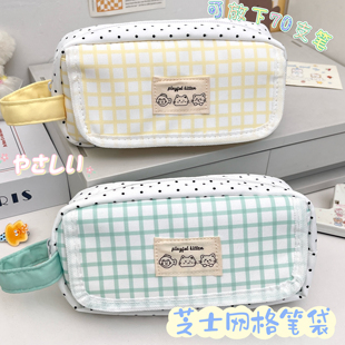 原创日系波点格子手提笔袋小众不撞款多功能收纳包可爱文具袋初中学生多层文具笔袋韩系简约大容量笔袋收纳包