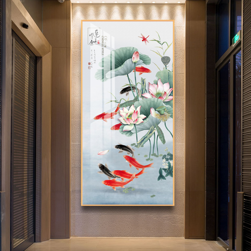 现代中式玄关晶瓷画荷花九鱼图装饰画楼梯过道背景墙画油画布挂画图片