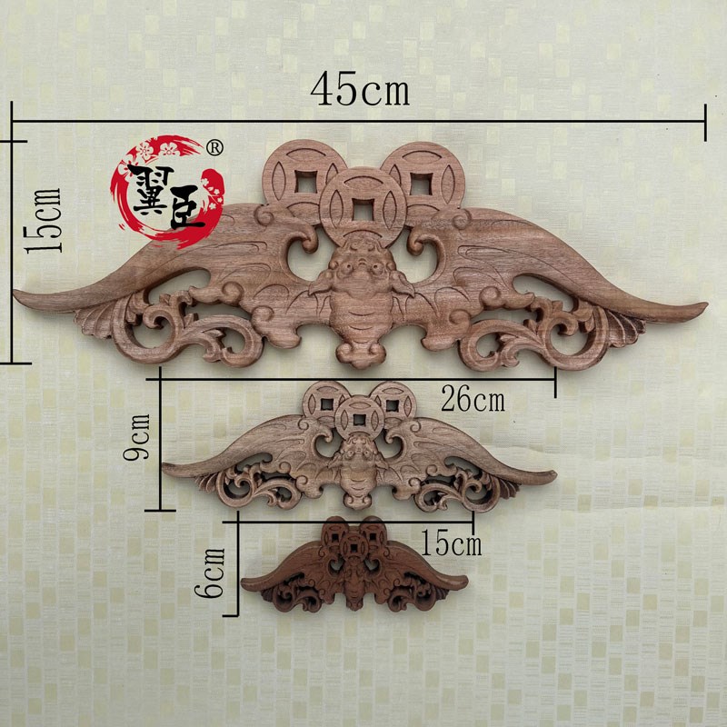 角花香樟实木雕刻墙面装饰新中式蝙D蝠吊顶仿古花片墙壁家居工艺