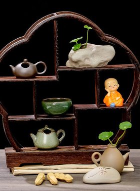 新中式茶壶博古架家居客厅茶桌装饰品实木小摆件茶道茶壶收纳台新