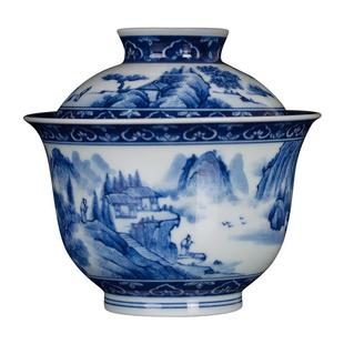 钟家窑景德镇手工手绘柴窑青花山水盖碗泡茶碗二才碗大号功夫茶具