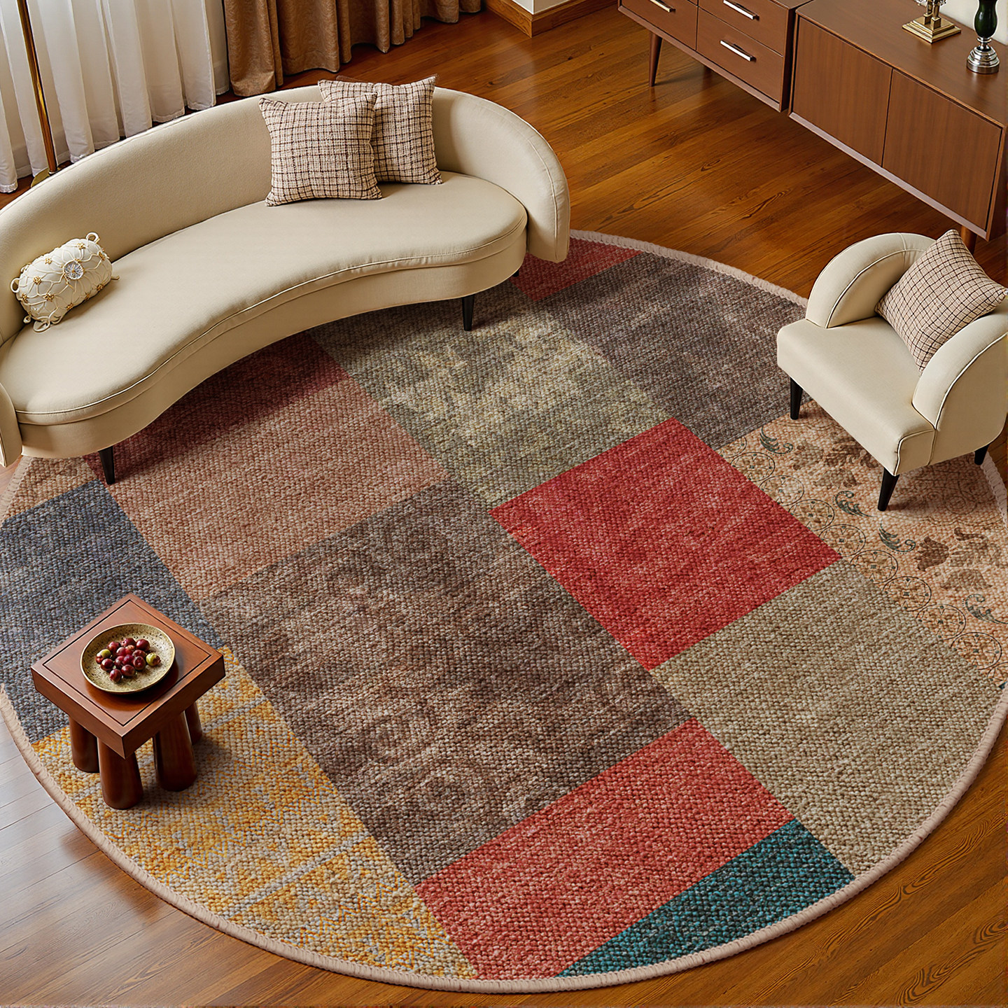 客厅地毯圆形床边毯大颗粒2025新款民族风美式复古无甲醛沙发地毯,居家布艺,地毯,淘宝优惠券,粉丝福利购,淘宝优惠卷