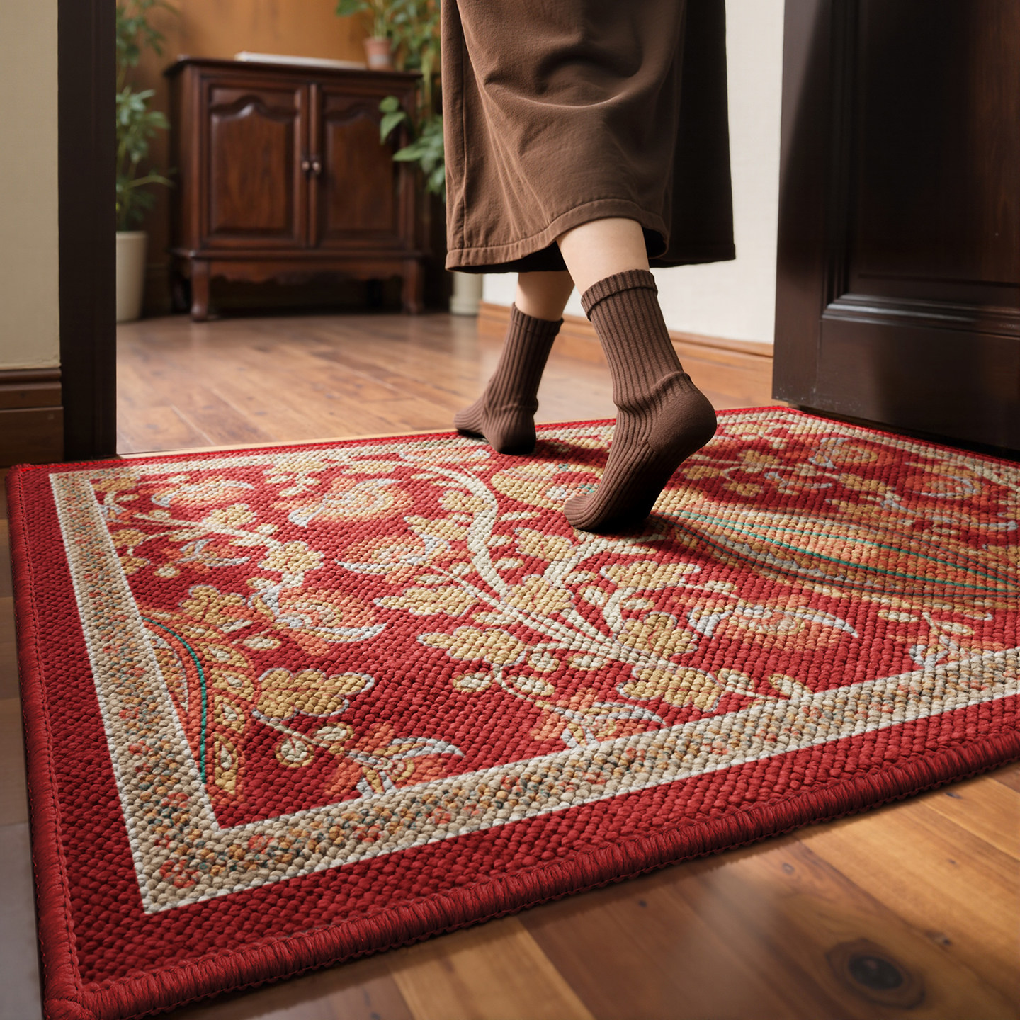 红色入户门地垫美式复古高级感玄关防滑脚垫门厅地毯门口进门门垫