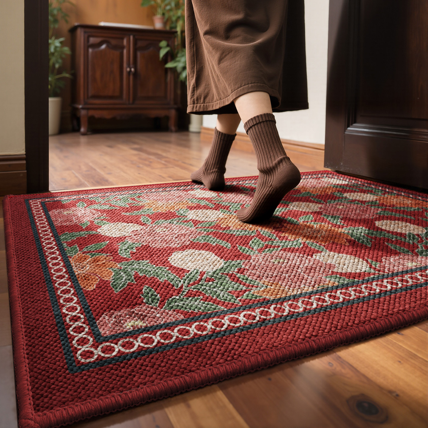 入户门地垫美式红色复古田园风玄关进门防滑脚垫高级感大颗粒地毯