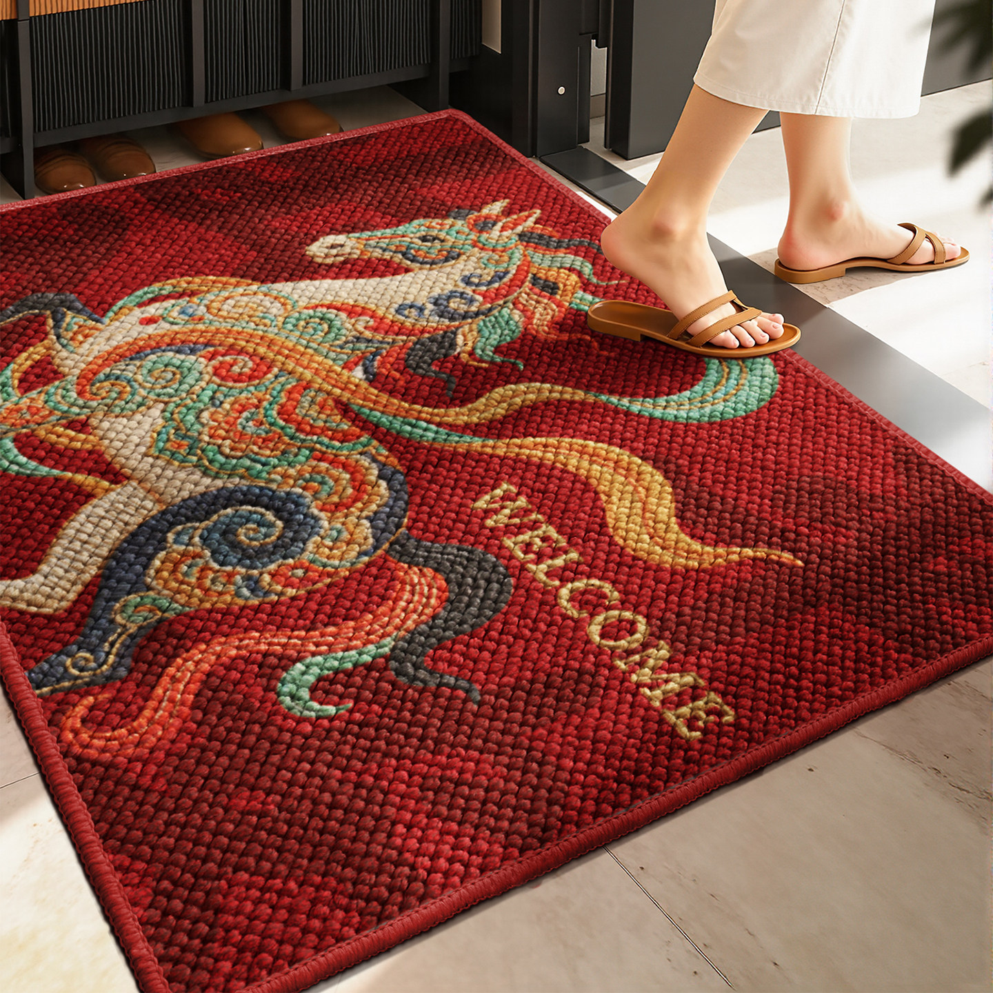 红色马年入户门地垫玄关进门防滑脚垫高级感耐脏除尘免洗地毯门垫,居家布艺,入户地垫,淘宝优惠券,粉丝福利购,淘宝优惠卷