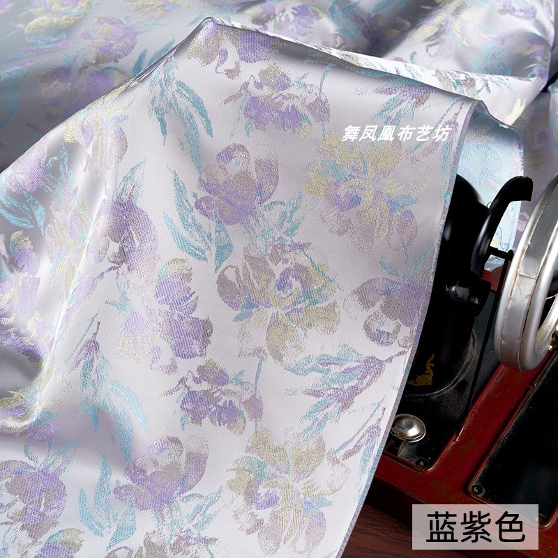 蓝紫色 郁金香花朵织锦缎提w花人丝面料 新中式盘扣马甲外套布料
