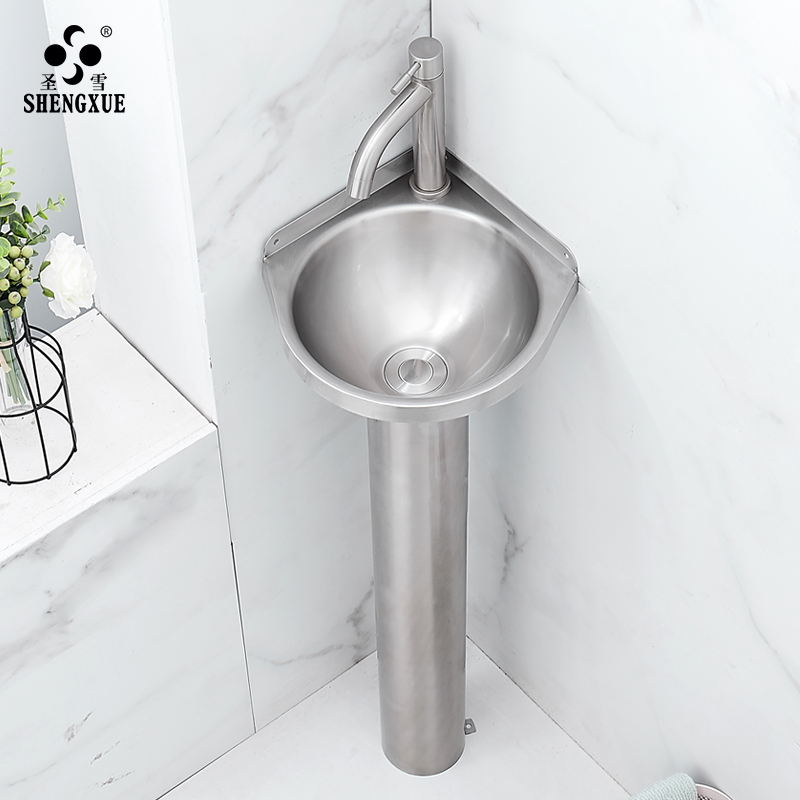 圣雪立柱盆不锈钢三角洗手盆落地洗脸H池转角小户型卫生间家用面