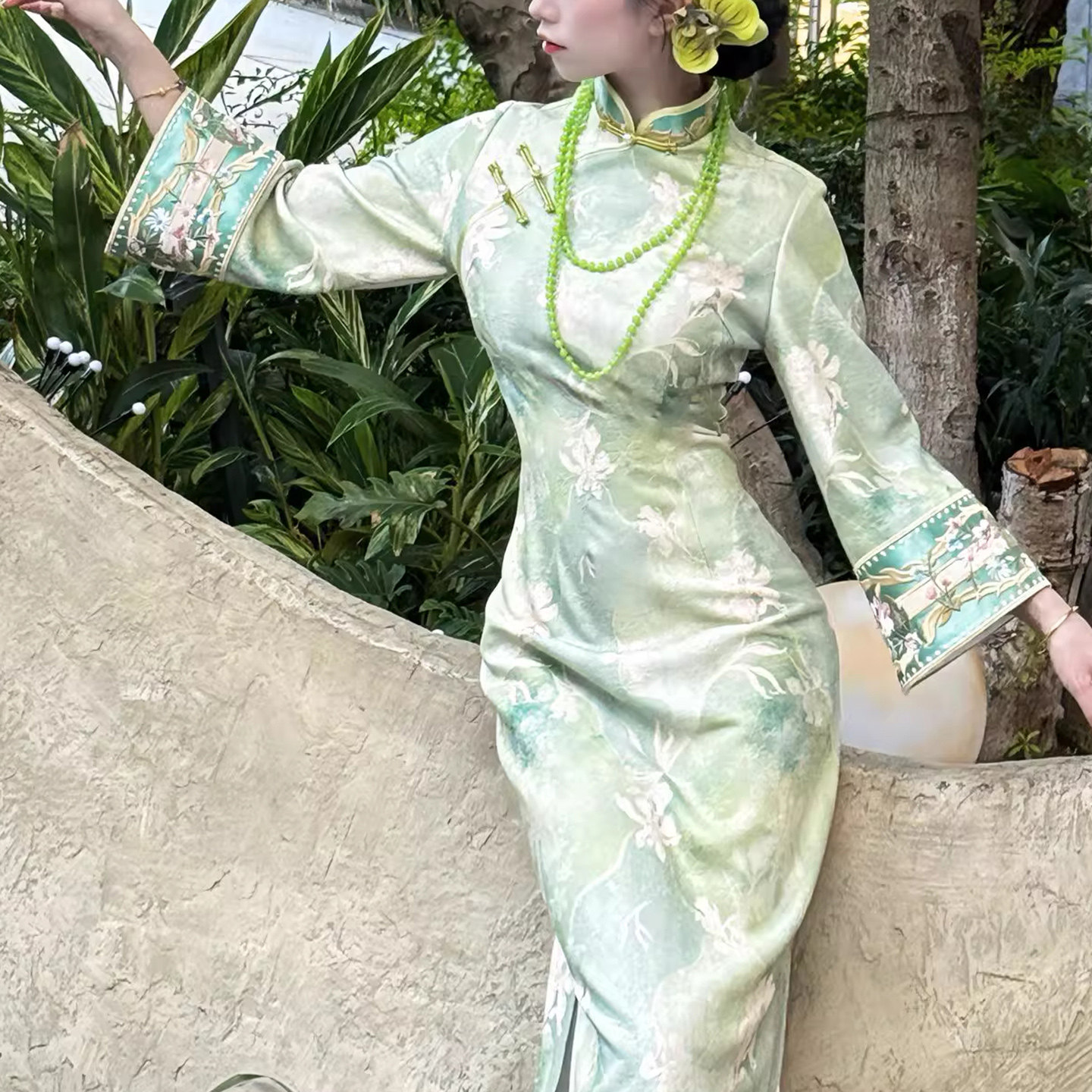 自制秋冬厚款针织提花旗袍中式改良旗袍长袖连衣裙英花绿颜倒大袖,女装/女士精品,旗袍,淘宝优惠券,粉丝福利购,淘宝优惠卷