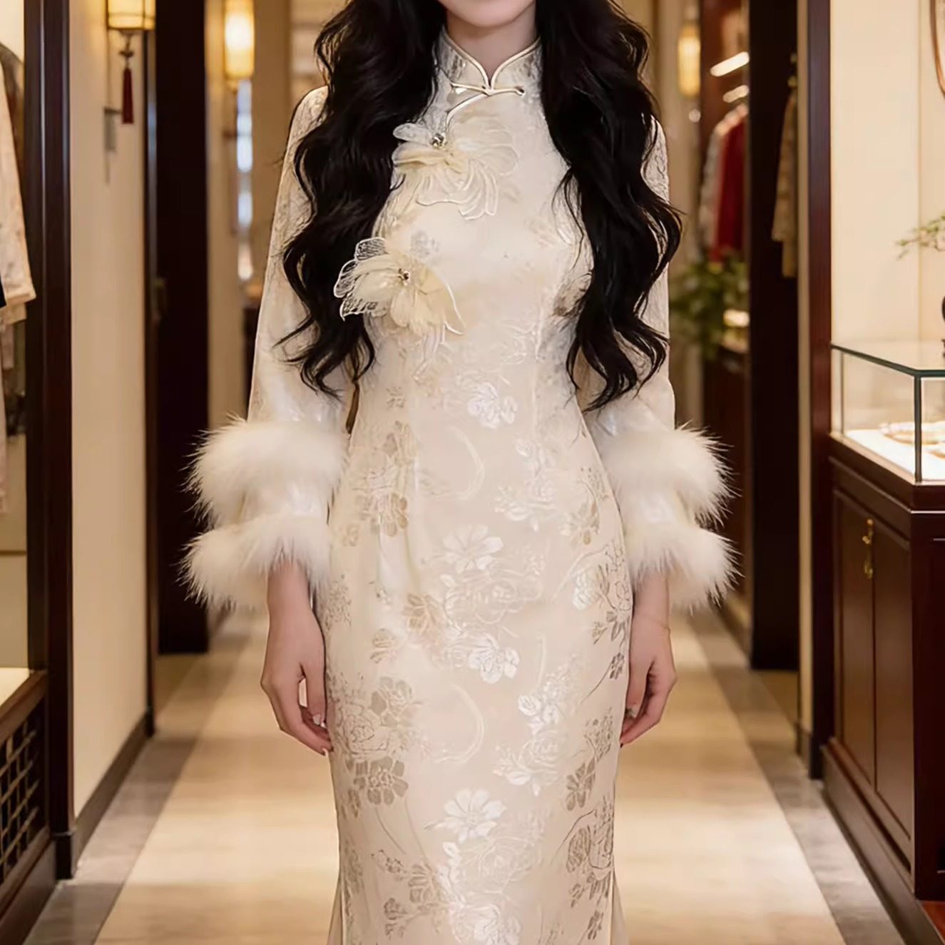 中式毛袖立体花旗袍女神明少女花