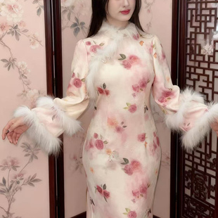 新中式国风女装秋冬厚款温柔新式旗袍少女连衣裙年轻改良旗袍镜花