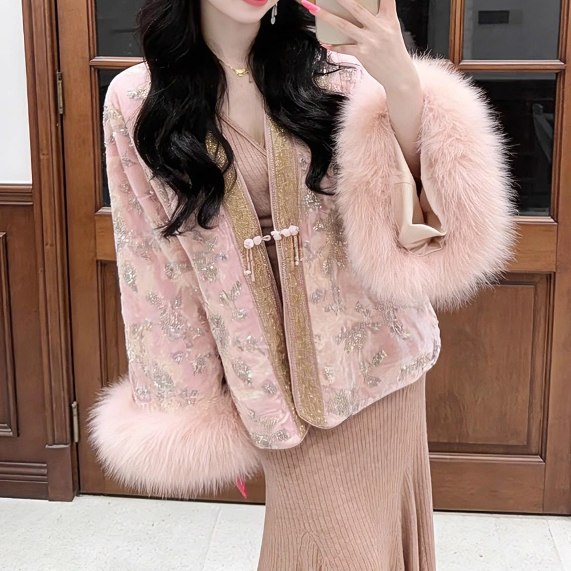 重工钉珠外套新中式上衣鎏金粉珠