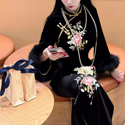 高级刺绣富贵旗袍连衣裙锦上添花