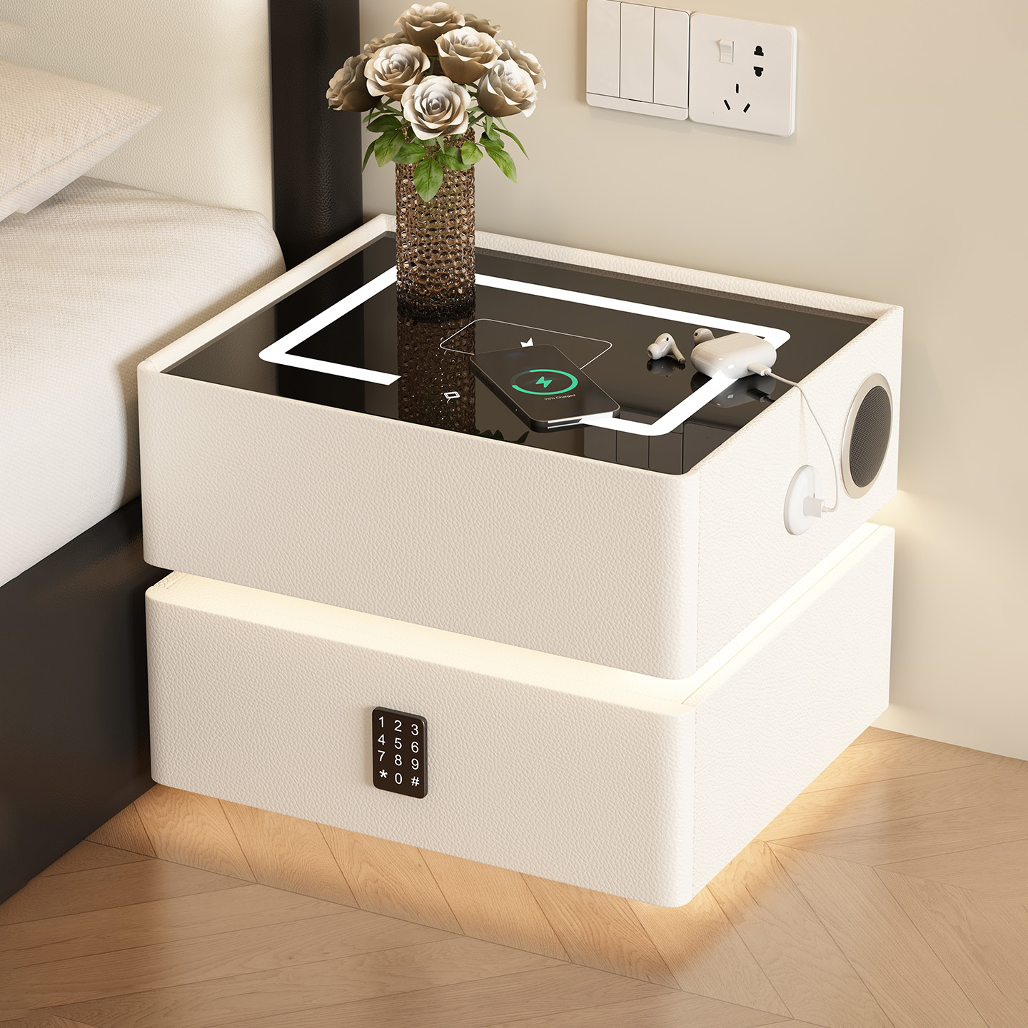 悬浮智能床头柜多功能实木免安装