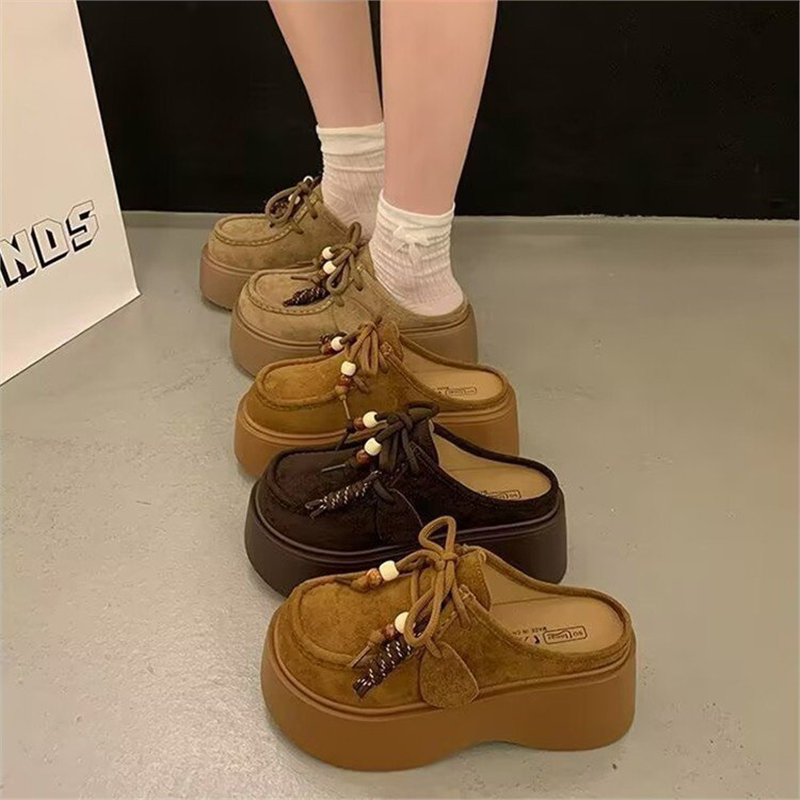 百搭小众厚底休闲鞋爆款新款女鞋拖鞋包头拖松糕底绒面中跟35cm