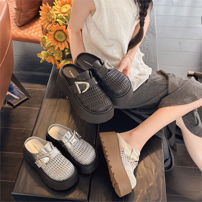 网红防滑半拖爆款新款休闲鞋小白鞋女鞋拖鞋包头拖平底中跟35cm