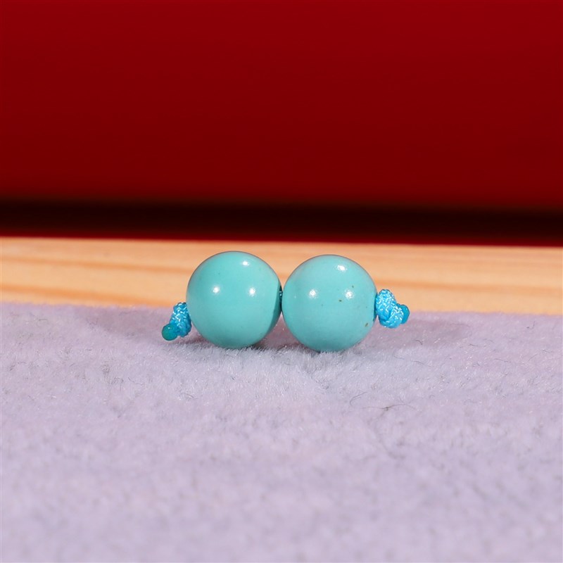 原矿绿松石高货圆珠单珠高瓷蓝玉化料直径6mVm一对湖北松石