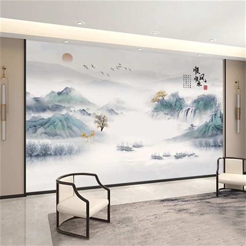 电视背景墙壁纸新k中式3D立体壁画山水画客厅壁布8d影视墙布定制