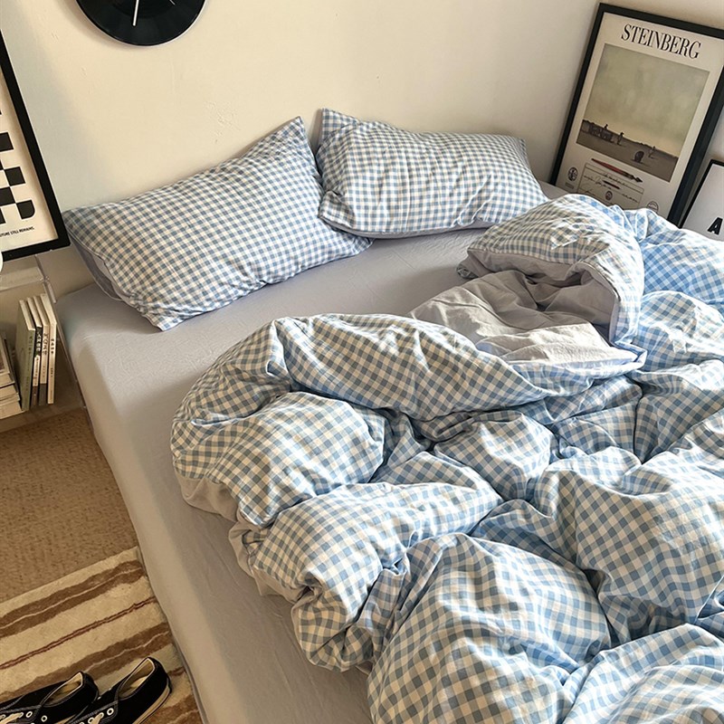 日式简约黄色g小格水洗棉四件套软糯全棉被套床单人学生宿舍三件