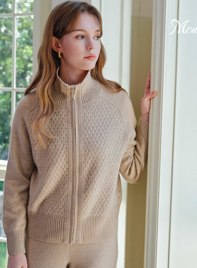 Mountlis蒙缇100%阿尔巴斯山羊绒立领拼花毛衣外套设计感针织开衫