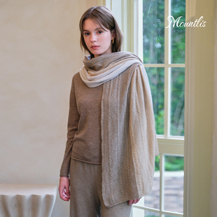 Mountlis蒙缇100%阿尔巴斯山羊绒角花三色拼接围巾秋保暖复古披肩