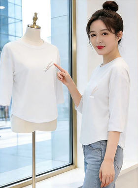 专柜撤回外贸简约现代风七分袖t恤女白色宽松显瘦百搭妈妈上衣