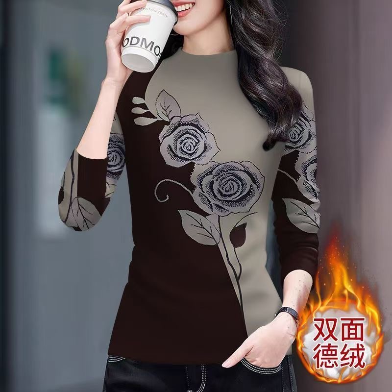双面德绒玫瑰花长袖半高领打底衫