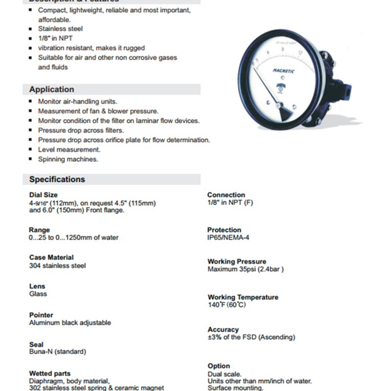 倍润WINTERS供应PMD系列经济型微压应用膜片式差压表可配电接点
